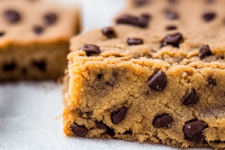 A close-up of gluten-free chocolate chip cookie bars, filling the frame, under bright, clear studio lighting with razor-sharp focus on the chocolate chips