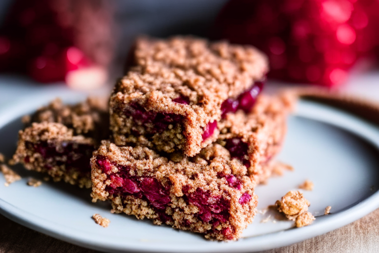 A plate filled with gluten-free raspberry oat bars under bright, directional studio lighting, razor-sharp focus on the tops of the bars