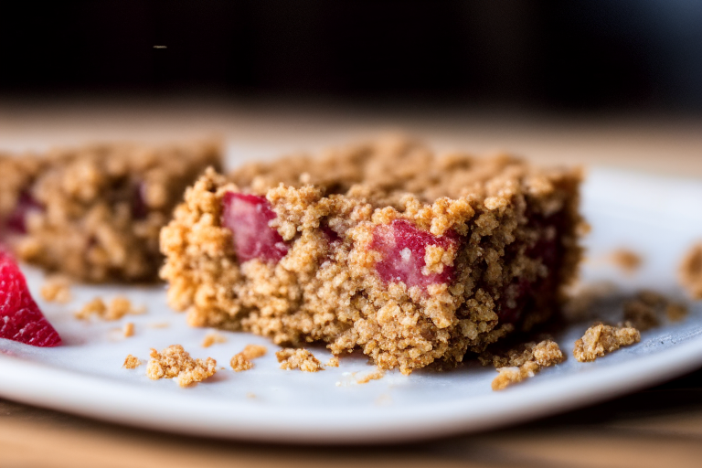 Gluten-free raspberry oat bars on a white plate, filling most of the frame under soft, directional studio lighting with razor-sharp focus on the entire bar