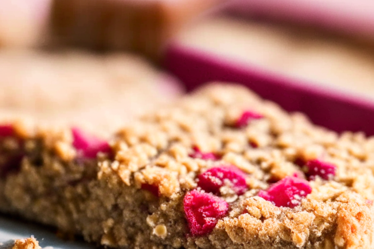 A close-up of gluten-free raspberry oat bars, filling the frame, under bright, clear studio lighting with razor-sharp focus on the raspberries and oats