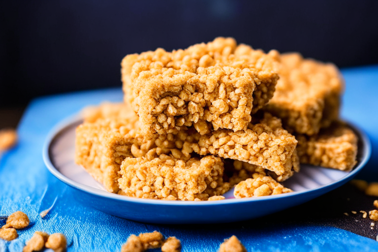 A plate filled with gluten-free peanut butter rice krispie treats under softbox studio lighting, razor-sharp focus on the tops of the treats