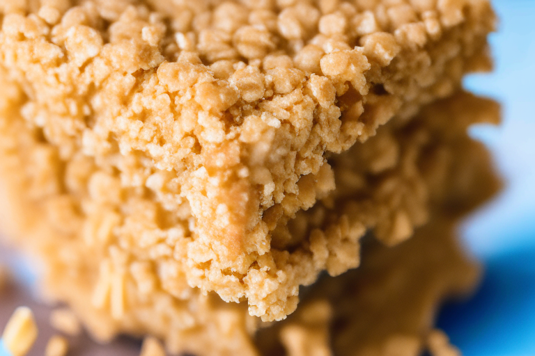 A close-up of a gluten-free peanut butter rice krispie treat, filling the frame, under bright, clear studio lighting with razor-sharp focus on the rice krispies and peanut butter