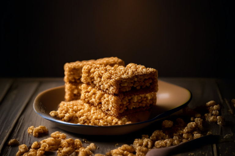 A plate filled with gluten-free peanut butter rice krispie treats under softbox studio lighting, filling the frame with the treats and minimizing distractions, razor-sharp focus on the entire scene