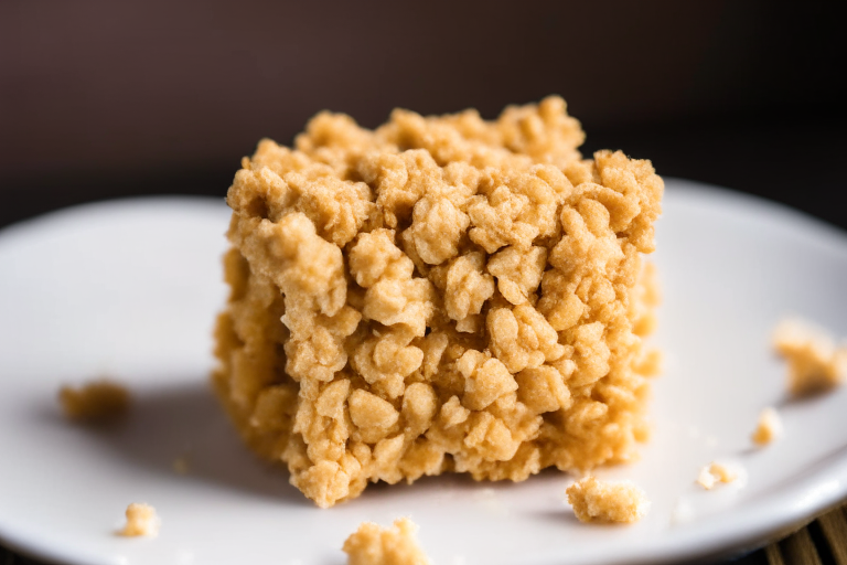 A gluten-free peanut butter rice krispie treat on a white plate under soft, directional studio lighting, filling most of the frame and in perfect, razor-sharp focus on a peanut butter cluster within the treat