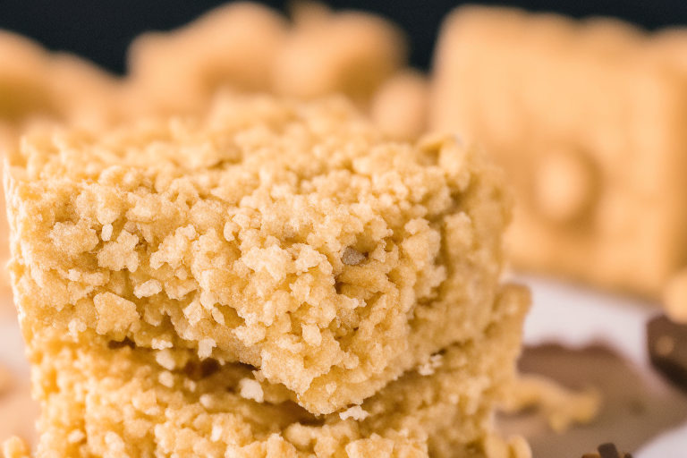 A close-up of a gluten-free peanut butter rice krispie treat under bright, clear studio lighting, filling the frame and in razor-sharp focus on the rice krispies and peanut butter clusters