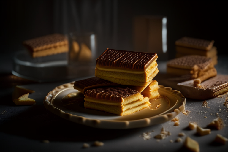 A plate filled with gluten-free millionaire's shortbread under softbox studio lighting, filling the frame with the treats and minimizing distractions, razor-sharp focus on the entire scene