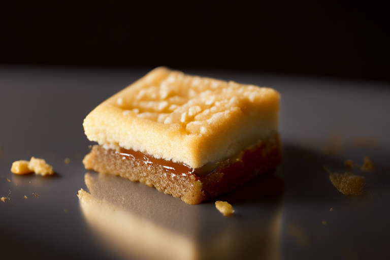 A gluten-free millionaire's shortbread cookie on a white plate under soft, directional studio lighting, filling most of the frame and in perfect, razor-sharp focus on a piece of caramel within the treat