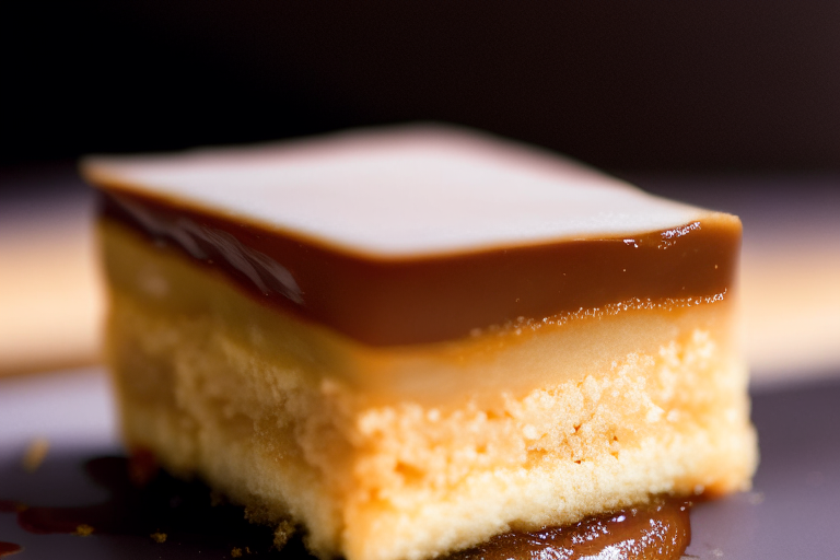 A close-up of a piece of gluten-free millionaire's shortbread under bright, clear studio lighting, filling the frame and in razor-sharp focus on the caramel topping and shortbread base