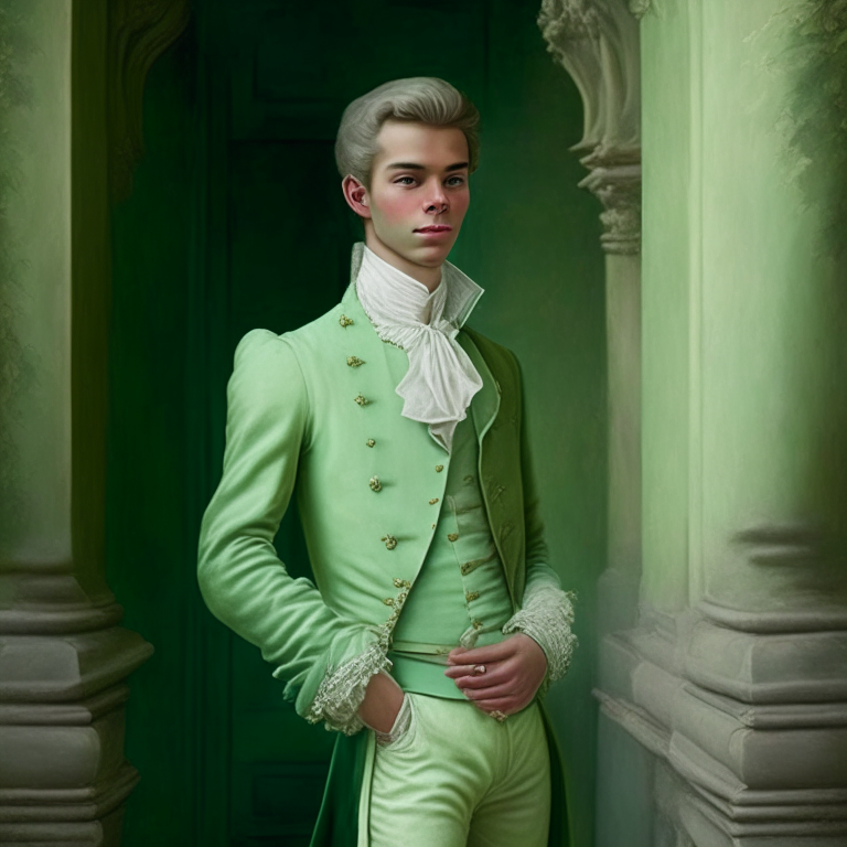A young man dressed in pastel green fine clothes of the 18th century, he looks gently with a slight smile, hi is in a castle, full body