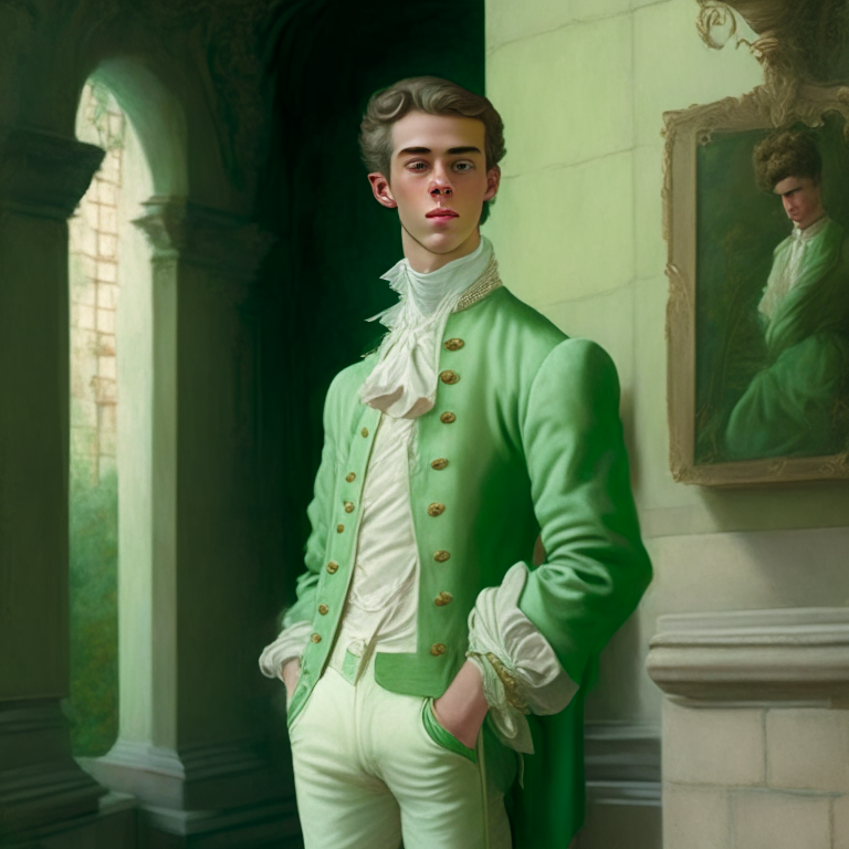 A young man dressed in pastel green fine clothes of the 18th century, he looks gently with a slight smile, hi is in a castle, full body