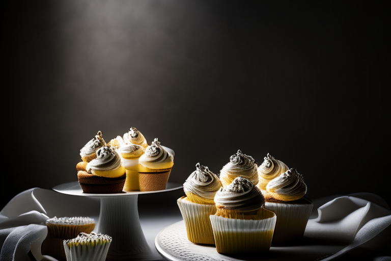 A plate filled with gluten-free vanilla cupcakes under softbox studio lighting, filling the frame with the treats and minimizing distractions, razor-sharp focus on the entire scene