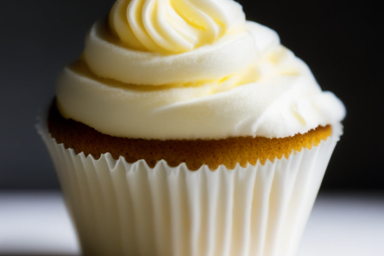 A gluten-free vanilla cupcake on a white plate under soft, directional studio lighting, filling most of the frame and in perfect, razor-sharp focus on a dollop of frosting within the treat