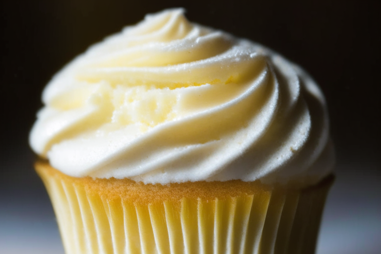 A close-up of a gluten-free vanilla cupcake under bright, clear studio lighting, filling the frame and in razor-sharp focus on the frosting and crumb texture