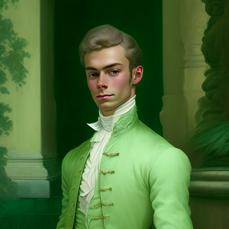 A young man dressed in pastel green fine clothes of the 18th century, he looks gently with a slight smile, hi is in a castle
