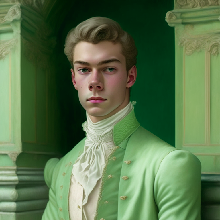 A young man dressed in pastel green fine clothes of the 18th century, he looks gently with a slight smile, hi is in a castle
