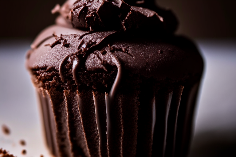 A close-up of a gluten-free chocolate fudge cupcake under bright, clear studio lighting, filling the frame and in razor-sharp focus on the frosting and crumb texture