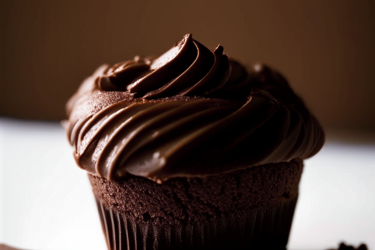 A gluten-free chocolate fudge cupcake on a white plate under soft, directional studio lighting, filling most of the frame and in perfect, razor-sharp focus on a dollop of frosting within the treat