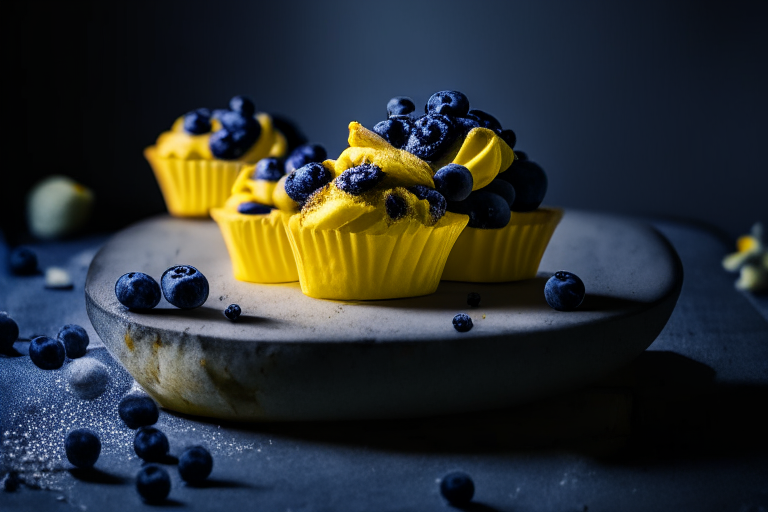 A plate filled with gluten-free lemon blueberry cupcakes under softbox studio lighting, filling the frame with the treats and minimizing distractions, razor-sharp focus on the entire scene