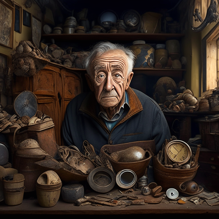 A british eldery man, brown eyes, he is in his big house with many old objects 

