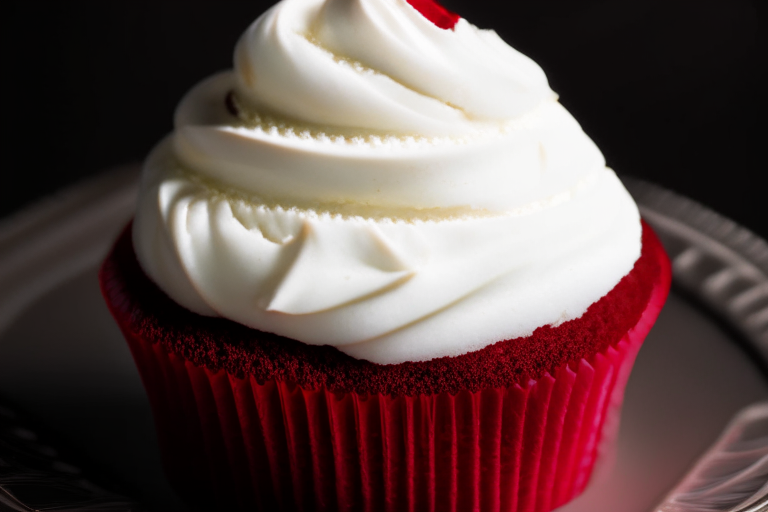 A gluten-free red velvet cupcake on a white plate under bright, directional studio lighting with razor-sharp focus on the red cream cheese frosting, filling the frame