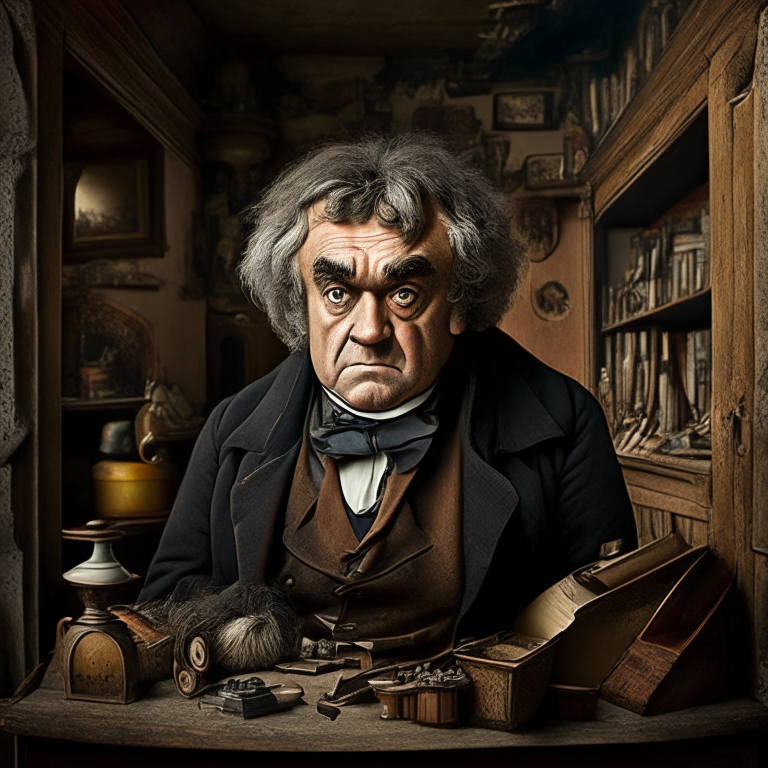 A british eldery man, brown eyes,he looks similar to beethoven,  he is in his big house with many old objects 
