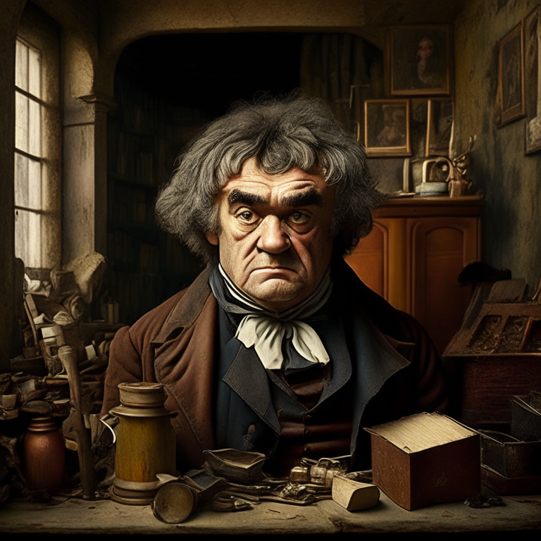 A british eldery man, brown eyes,he looks similar to beethoven,  he is in his big house with many old objects 
