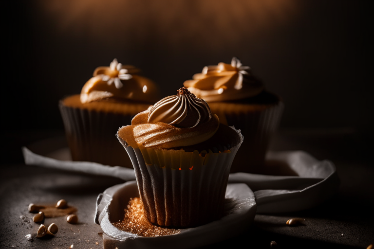 A plate filled with gluten-free salted caramel cupcakes under softbox studio lighting, filling the frame with the treats and minimizing distractions, razor-sharp focus on the entire scene