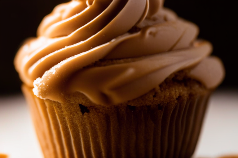 A close-up of a gluten-free salted caramel cupcake under bright, clear studio lighting, filling the frame and in razor-sharp focus on the frosting and crumb texture