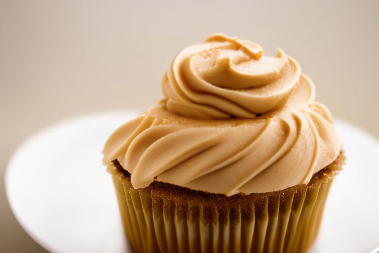 A gluten-free salted caramel cupcake on a white plate under bright, directional studio lighting with razor-sharp focus on the caramel-swirled frosting, filling the frame