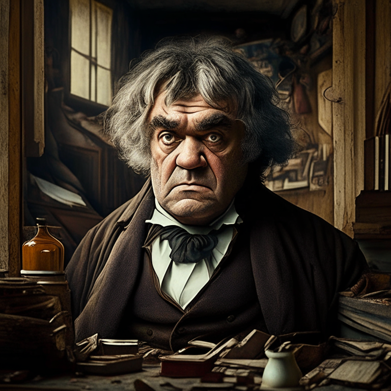 A british eldery man, brown eyes,he looks similar to beethoven,  he is in his big house with many clean old objects 
