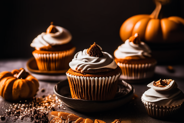 A plate filled with gluten-free pumpkin spice cupcakes under softbox studio lighting, filling the frame with the treats and minimizing distractions, razor-sharp focus on the entire scene