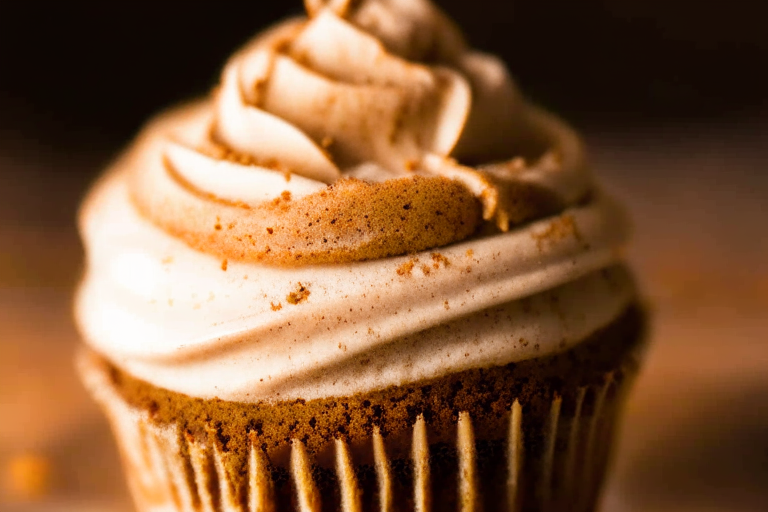 A close-up of a gluten-free pumpkin spice cupcake under bright, clear studio lighting, filling the frame and in razor-sharp focus on the frosting and crumb texture