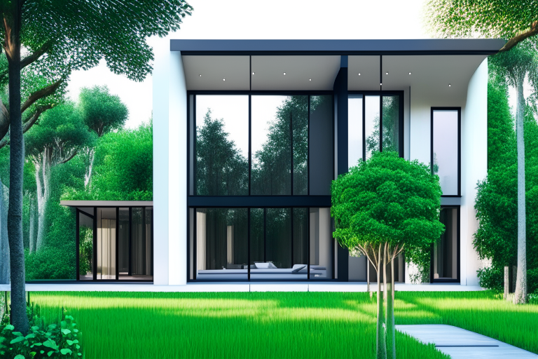 modern villa, 2 floors, big window, hyper-realistic, Trees around the villa