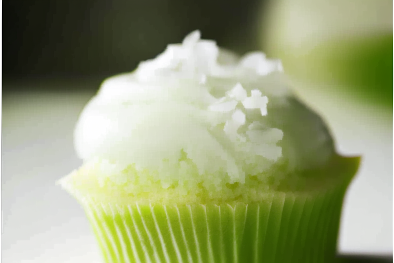 A close-up of a gluten-free coconut lime cupcake under bright, directional studio lighting, filling the frame and in razor-sharp focus on the frosting and crumb texture