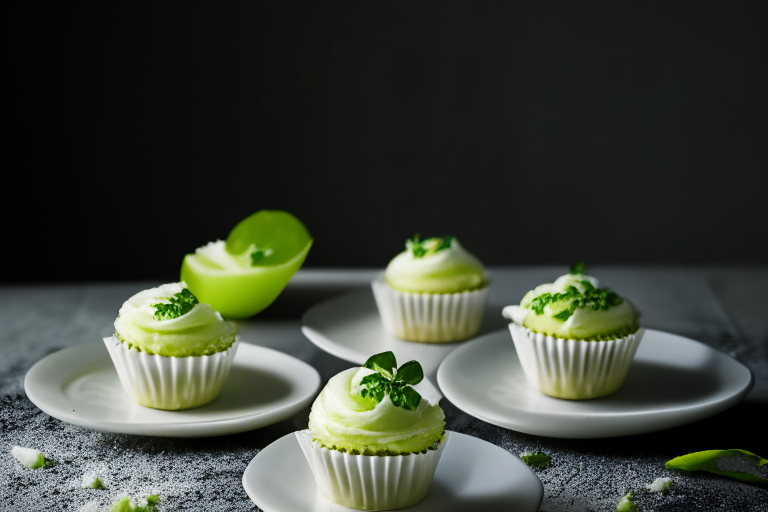 A plate filled with gluten-free coconut lime cupcakes under softbox studio lighting, filling the frame with the treats and minimizing distractions, razor-sharp focus on the entire scene