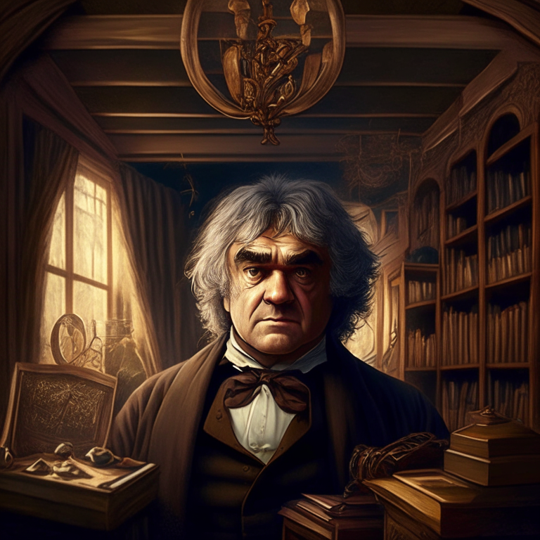 A british eldery man, brown eyes,he looks similar to beethoven,  he is in his big house with many magic objects 
