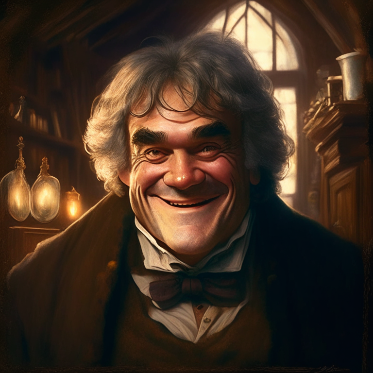 A british eldery man, brown eyes,he looks similar to beethoven, he is smiling,  he is in his big house with many magic objects 
