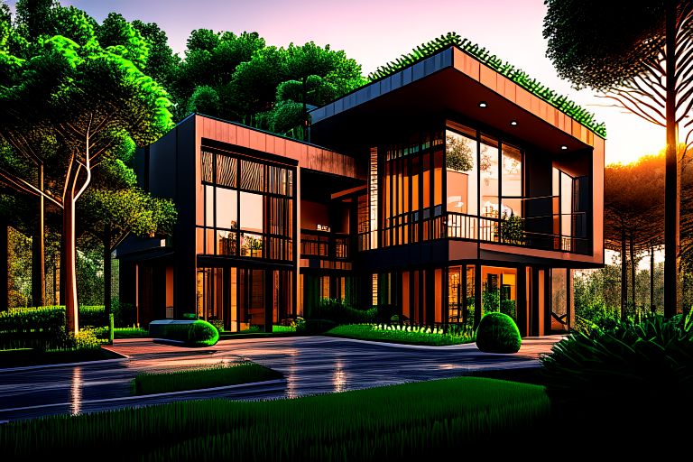 modern villa, 2 floors, big window, hyper-realistic, Trees around the villa