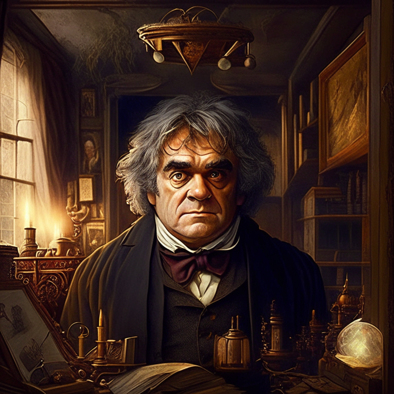 A british eldery man, brown eyes,he looks similar to beethoven, he is in his big house with many magic objects 
