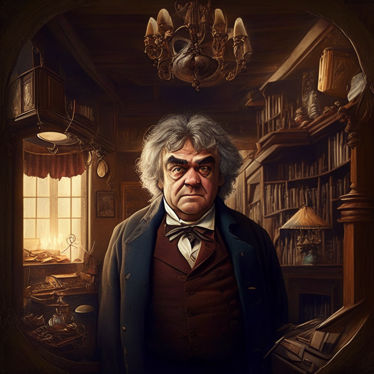 A british eldery man, brown eyes,he looks bitsimilar to beethoven, he is in his big house with many magic objects 
