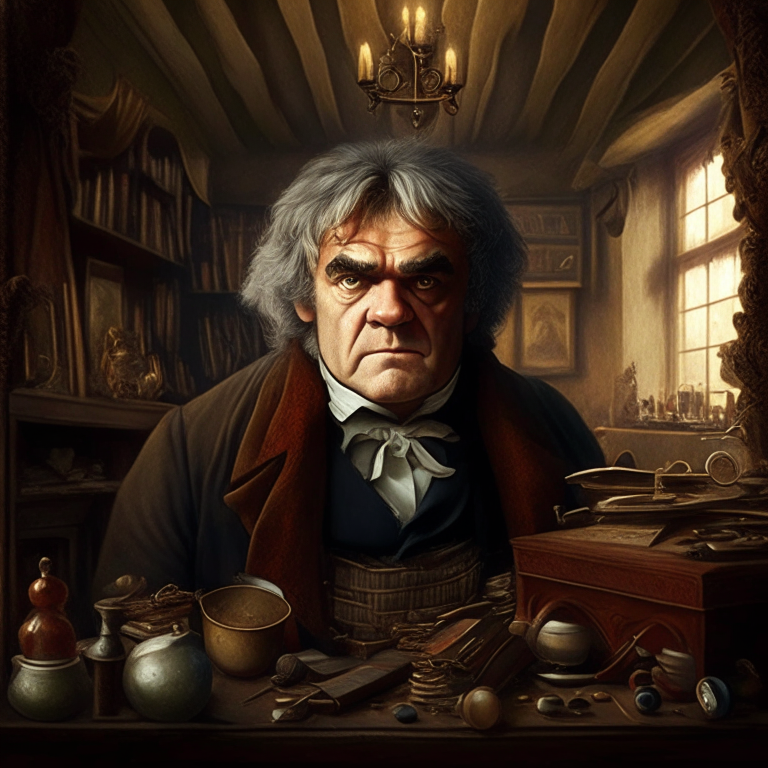 A british eldery man, brown eyes,he looks bit similar to beethoven, he is in his big house with many magic objects 

