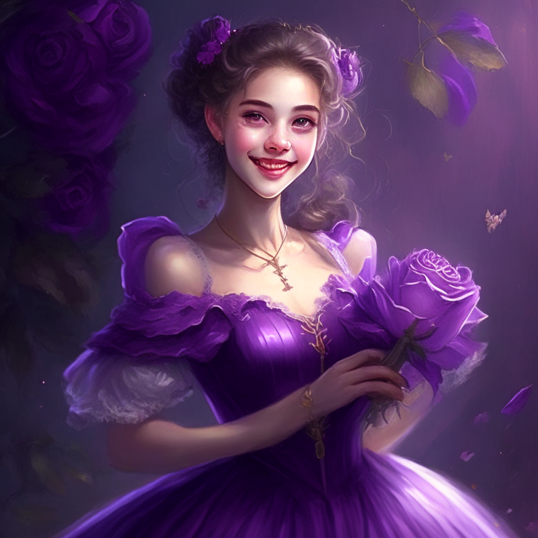 A beautiful young woman, smiling with a rose, she wears a purple lolita style dress, she is in the space, she is a god 
