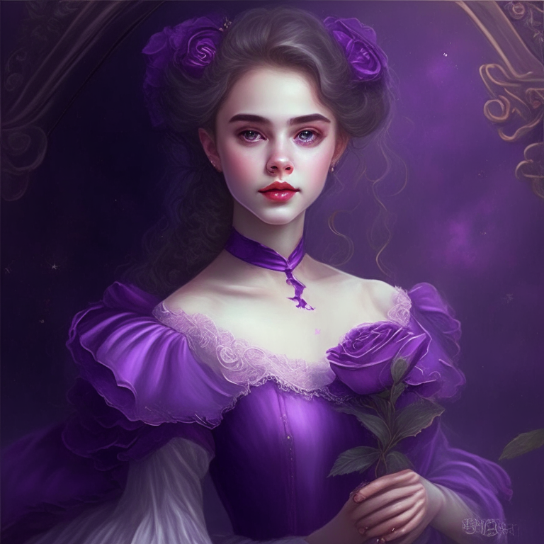 A beautiful young woman, slight smile with a rose, she wears a purple lolita style dress, she is in the space, she is a god 
