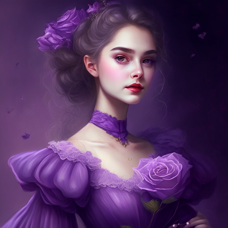 A beautiful young woman, slight smile with a rose, she wears a purple lolita style dress, she is in the space, she is a god 
