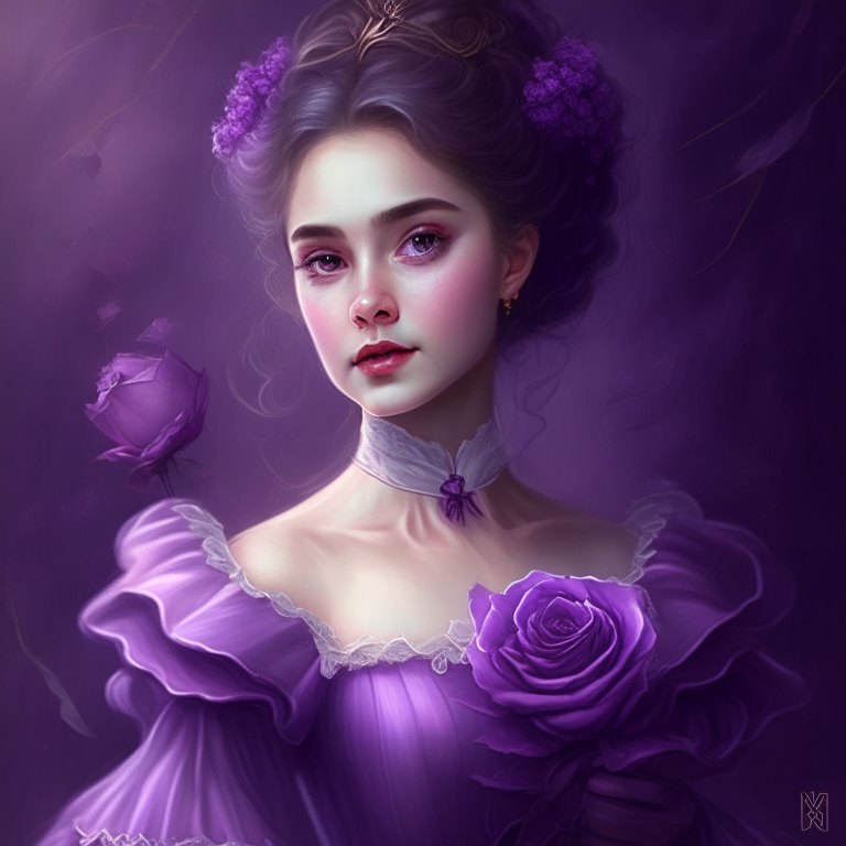 A beautiful young woman, slight smile with a rose, she wears a purple lolita style dress, she is in the space, she is a god 

