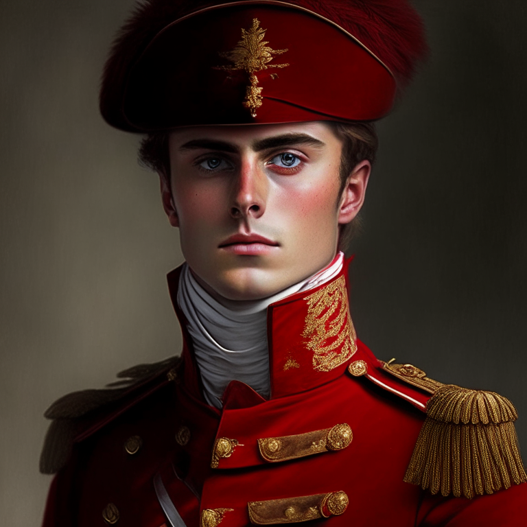 A handsome young man, he is bold, he wears a xviii century red soldier uniform, he looks simliar to Napoleon Bonaparte,he is a god
