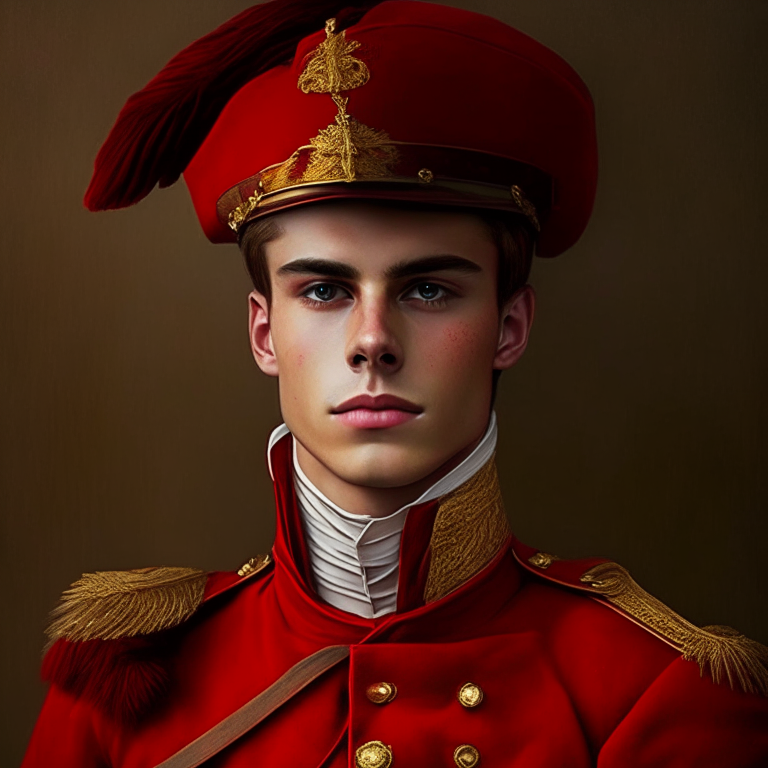 A handsome young man, he is bold, he wears a xviii century red soldier uniform,he is a god
