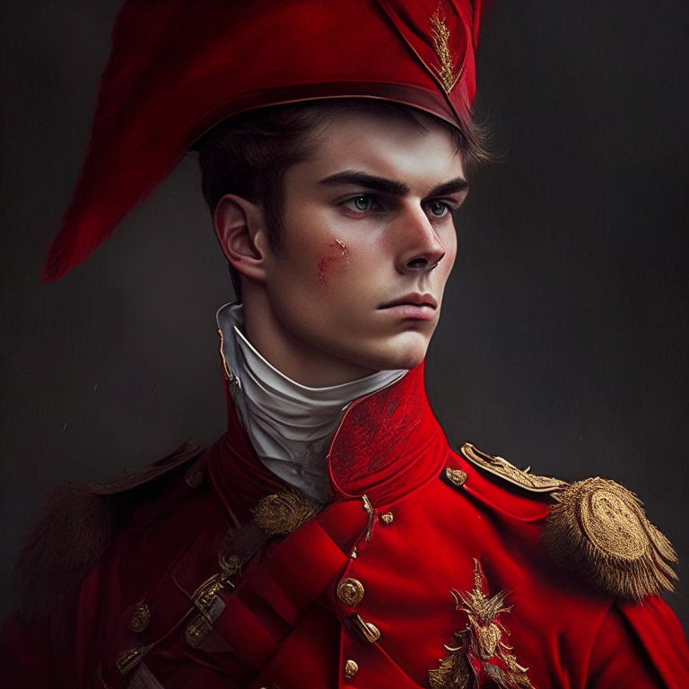 A handsome young man, he is bold, he wears a xviii century red soldier uniform,he is in a battle  fighting, he is a god
