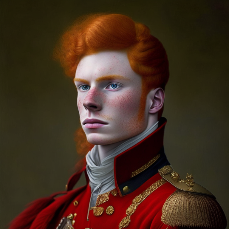 A handsome young man,he has ginger hair, he is bold, he wears a xviii century red soldier uniform, without tricorne, he is a god
