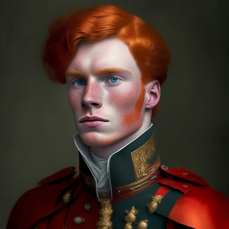 A handsome young man,he has ginger hair, he is bold, he wears a xviii century red soldier uniform, without tricorne, he is a god
